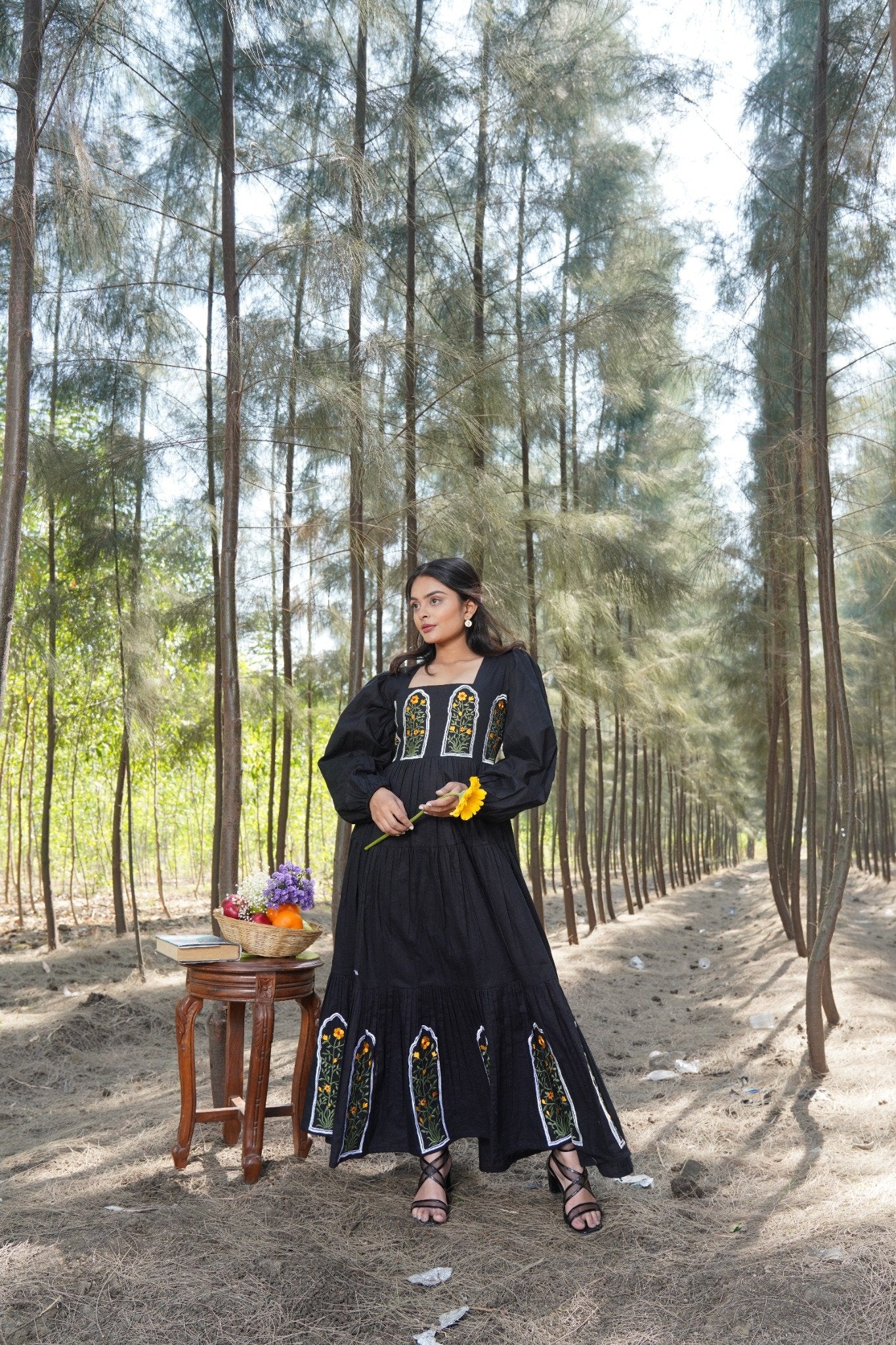 Floral Embroidered Cotton-Linen Dress with Puffed Sleeves