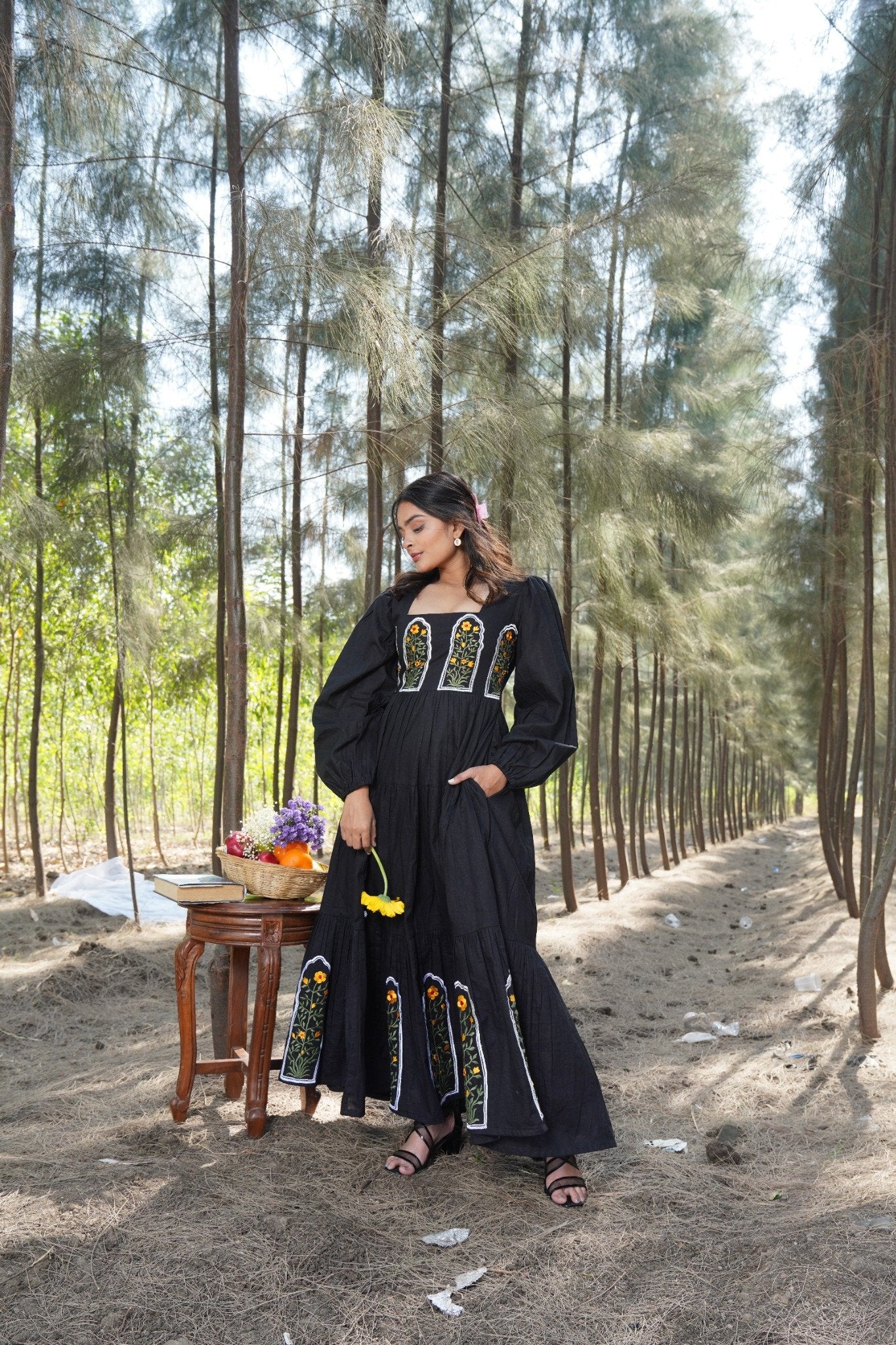 Floral Embroidered Cotton-Linen Dress with Puffed Sleeves