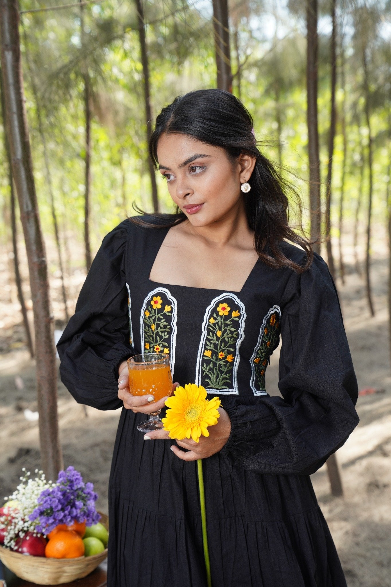 Floral Embroidered Cotton-Linen Dress with Puffed Sleeves