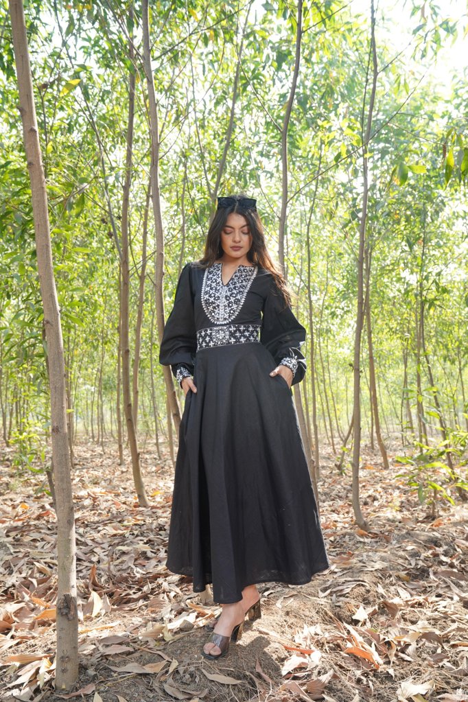 Black Embellished Cotton Linen Dress