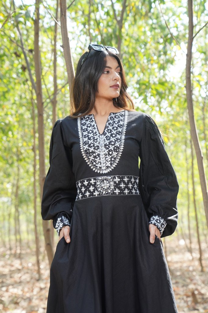 Black Embellished Cotton Linen Dress