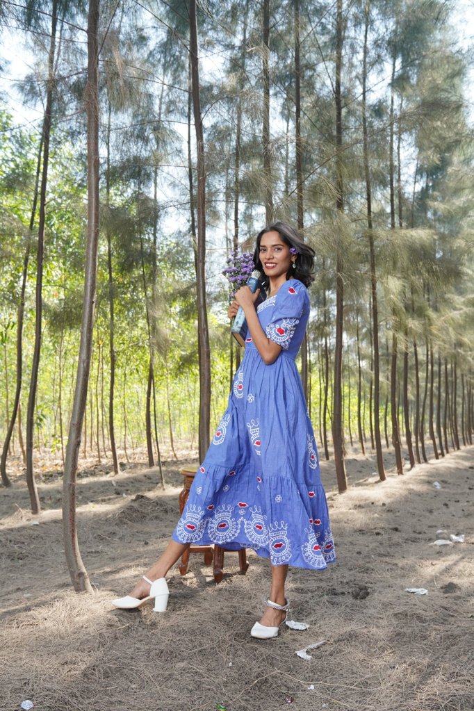 Bohemian Blue: Embroidered Tiered Dress with Puff Sleeves