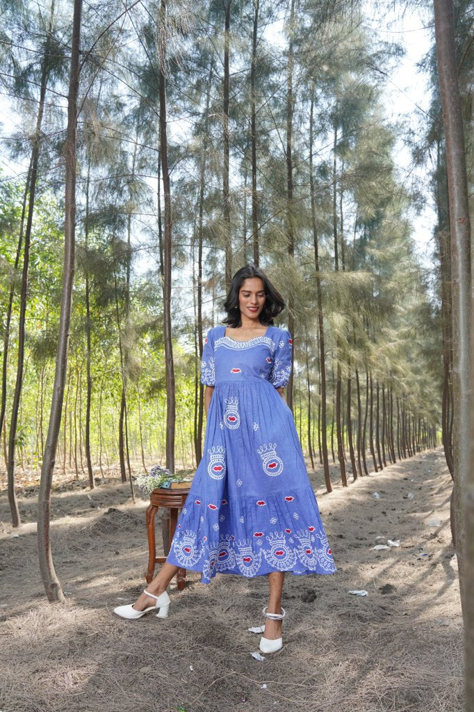 Bohemian Blue: Embroidered Tiered Dress with Puff Sleeves