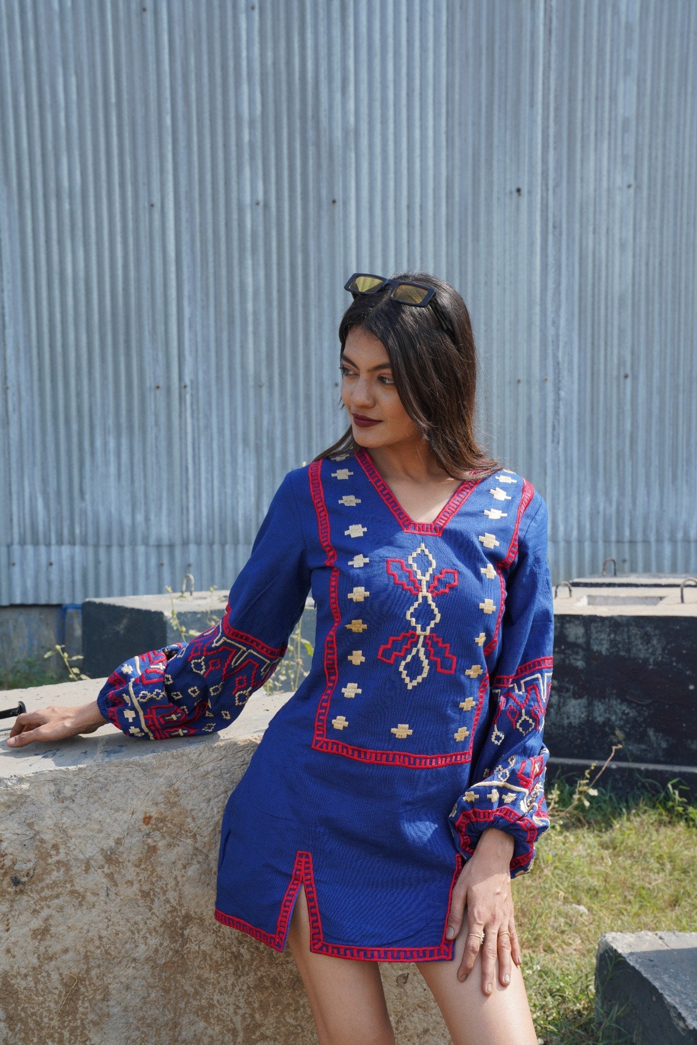 Boho-Chic Blue Embroidered Dress with V-Neckline