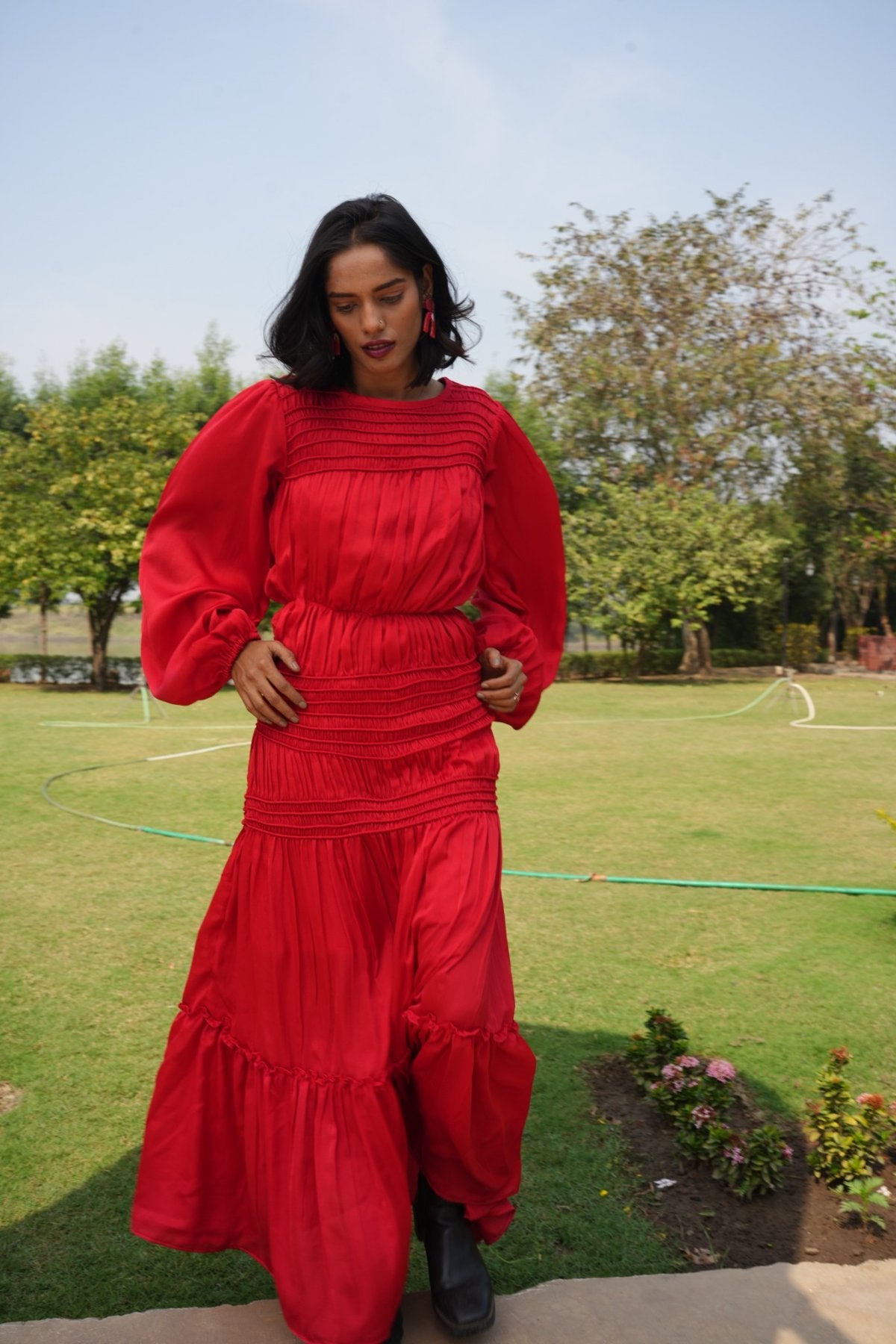 Flowing Scarlet Maxi Dress with Smocked Details