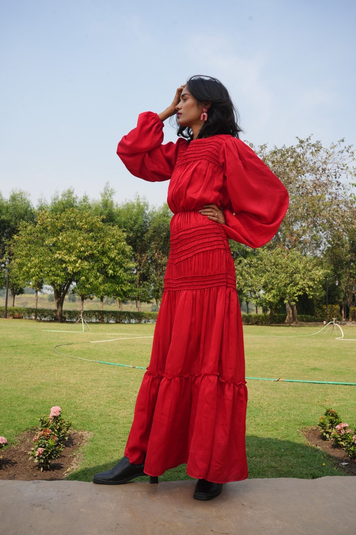 Flowing Scarlet Maxi Dress with Smocked Details