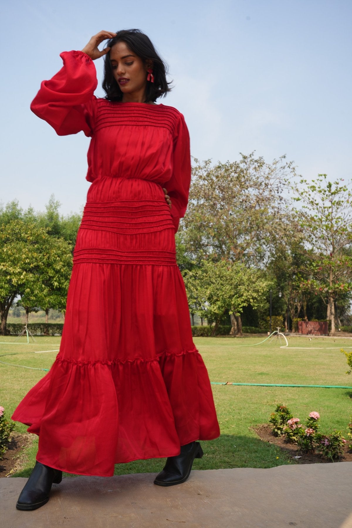 Flowing Scarlet Maxi Dress with Smocked Details