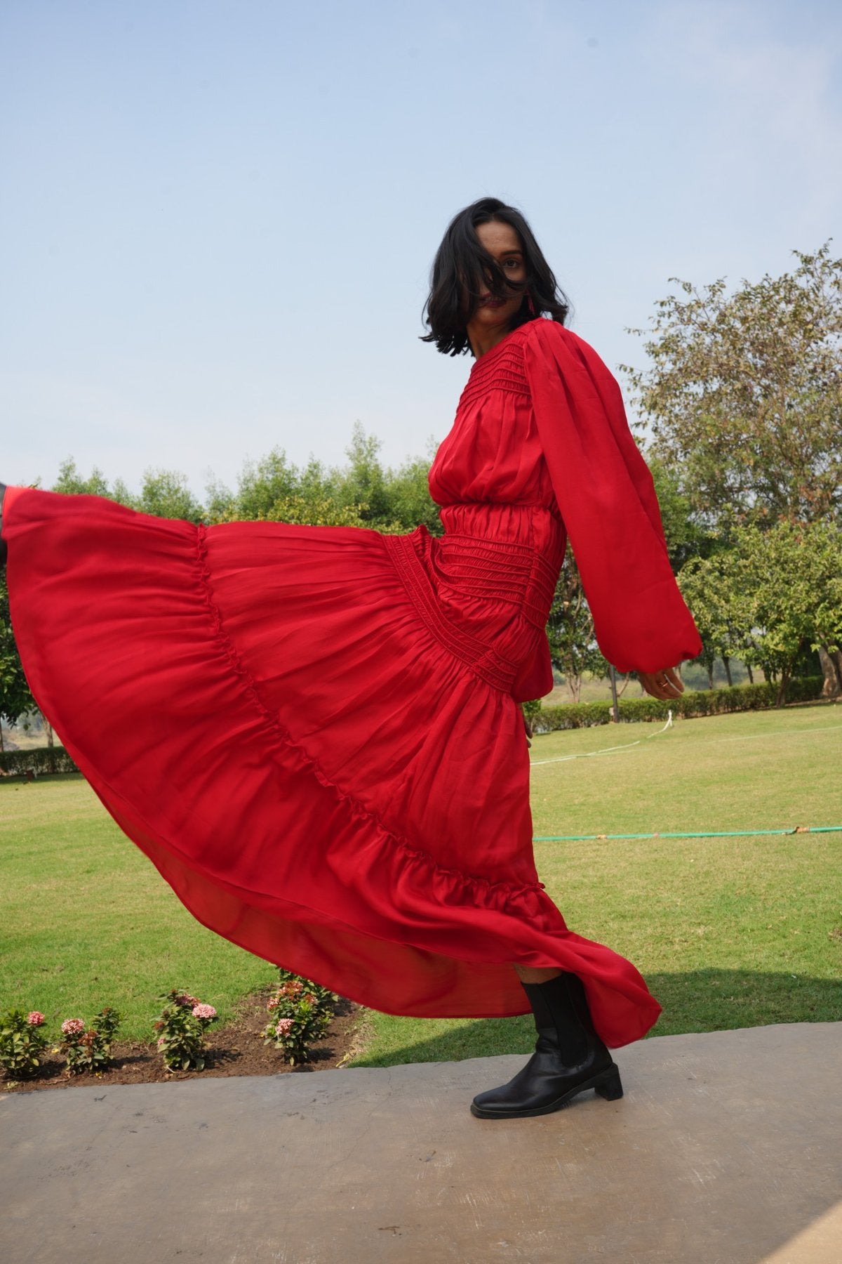 Flowing Scarlet Maxi Dress with Smocked Details