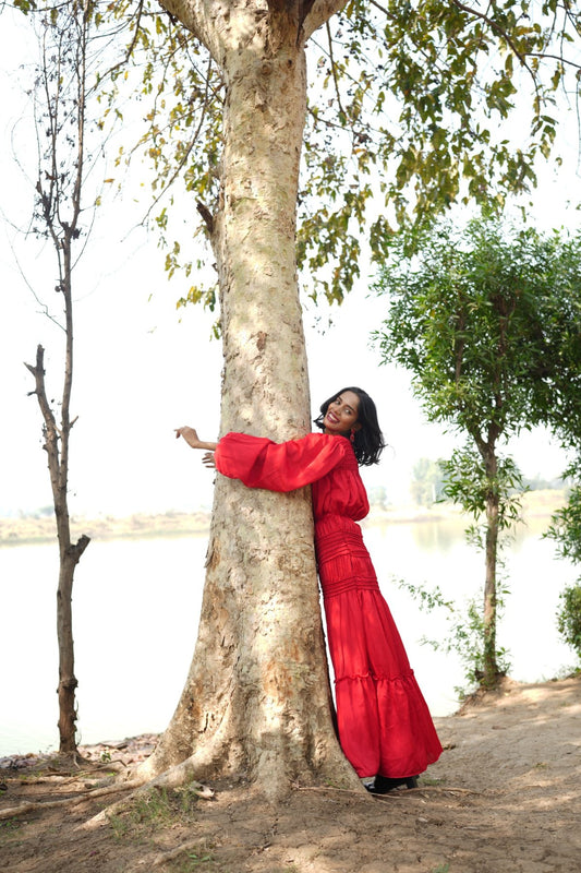 Flowing Scarlet Maxi Dress with Smocked Details