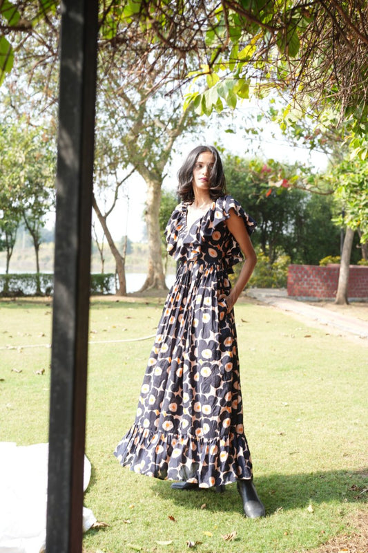 Navy Floral Ruffle Maxi Dress