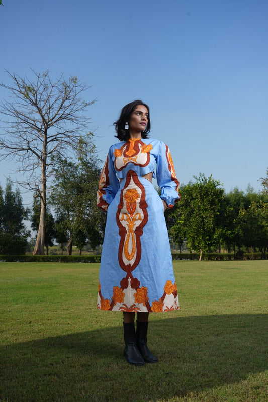 Sky Blue Printed Cut-Out Dress