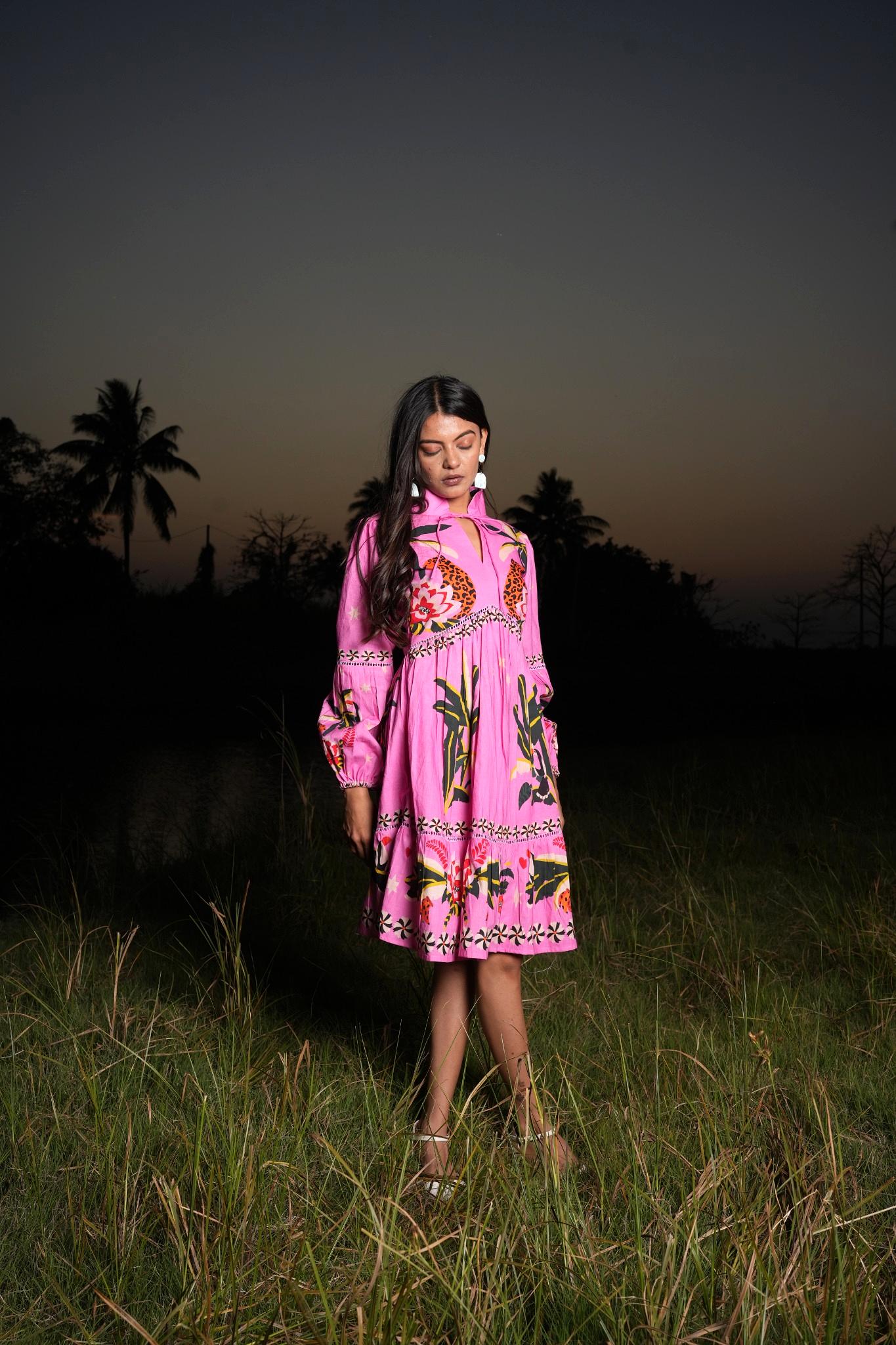 Vibrant Pink Cotton Printed Dress