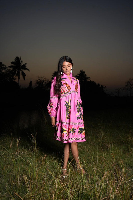 Vibrant Pink Cotton Printed Dress