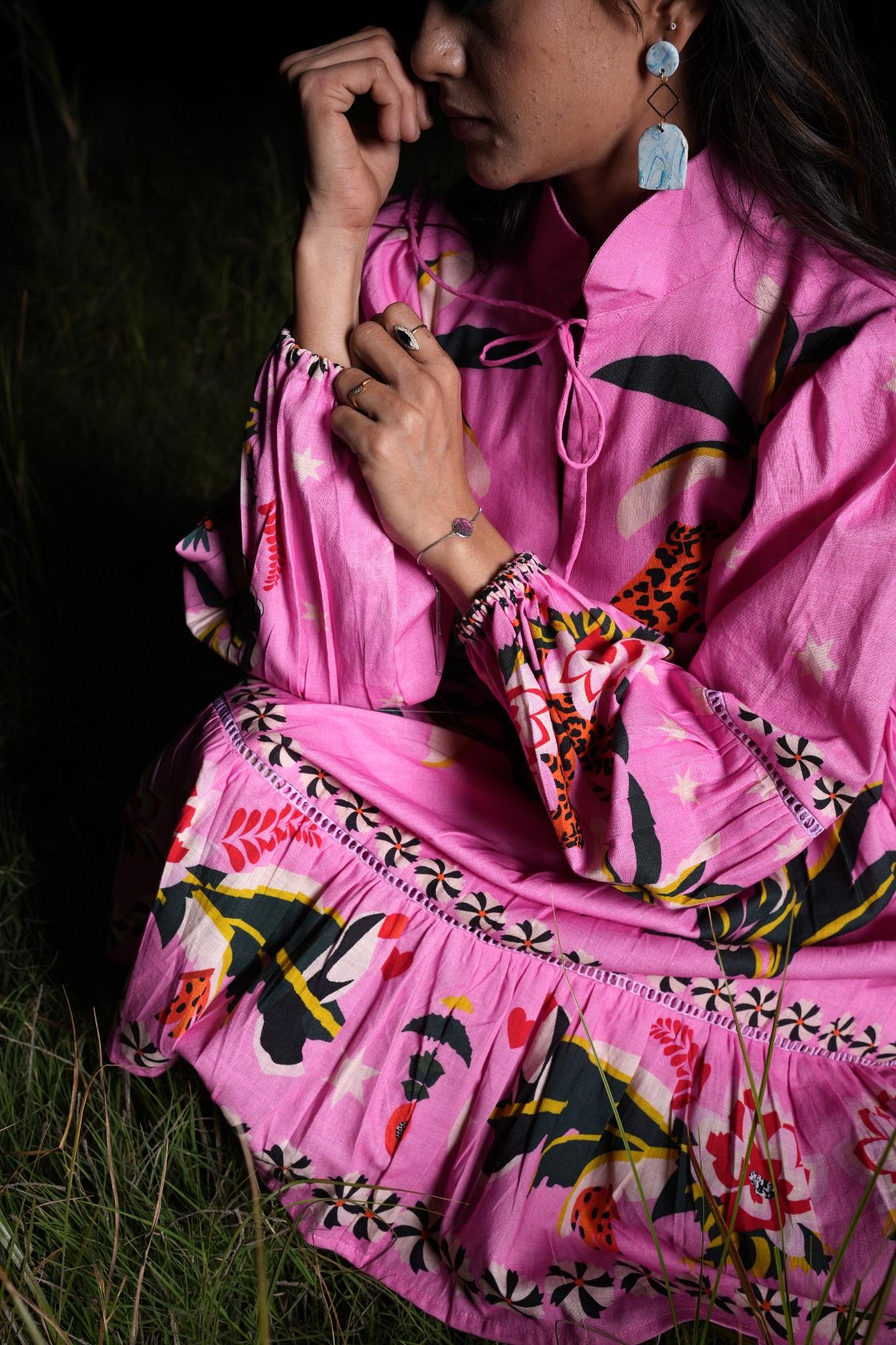 Vibrant Pink Cotton Printed Dress